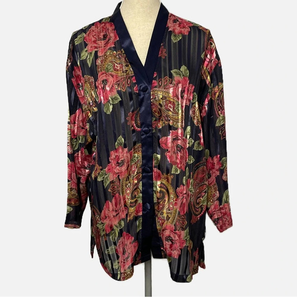 Victoria’s Secret Pajama Top Gold Label Loungewear Medium Floral Semi Sheer - Picture 10 of 10